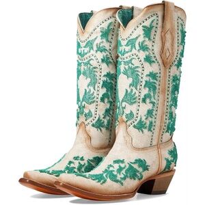 New Women's Corral Cream and Embroidered Turquoise Jeweled Cowboy Boots size 8